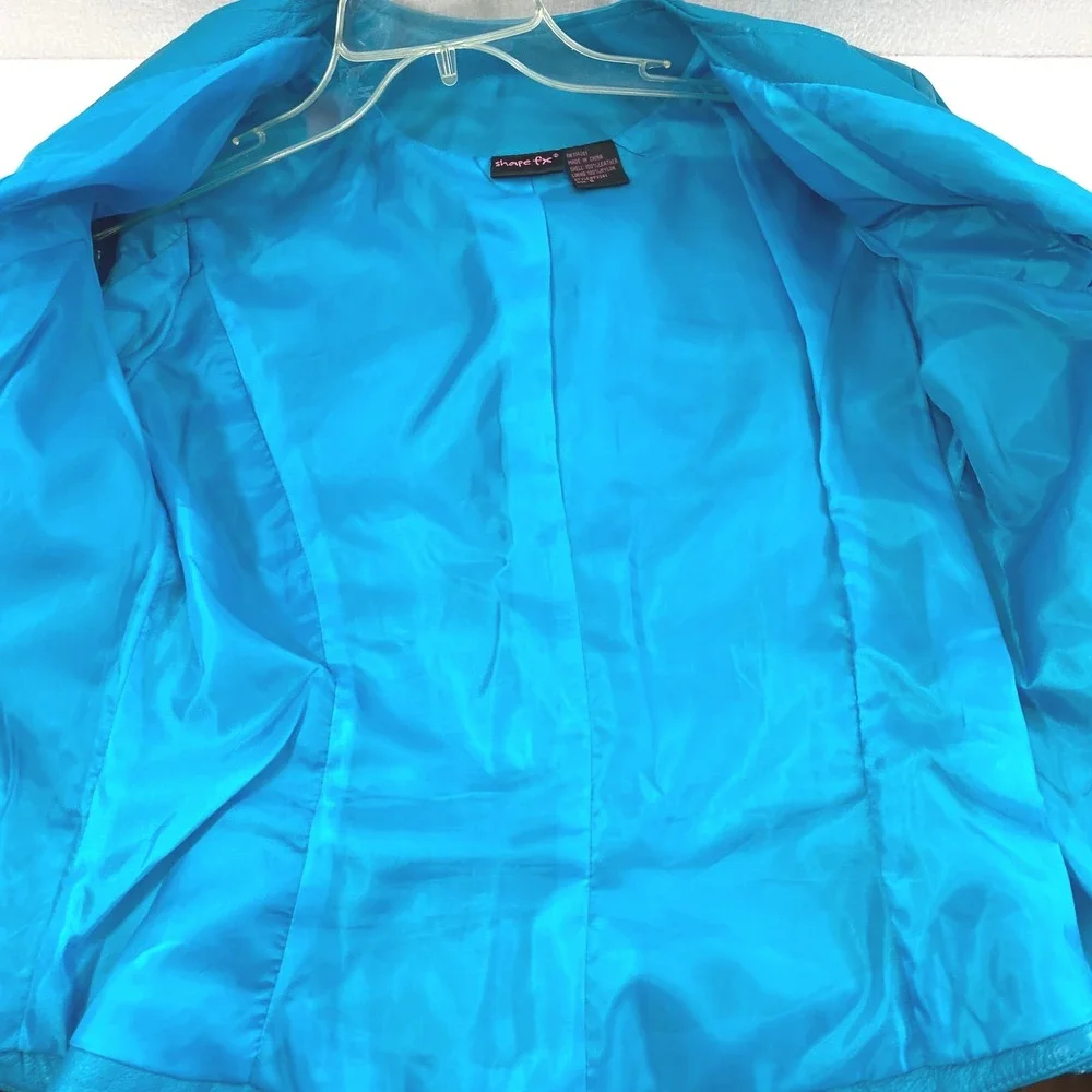Shape FX Turquoise Blue Genuine Leather Jacket Womens Sz 8 Full Zip Flared Cuffs - Picture 5 of 11